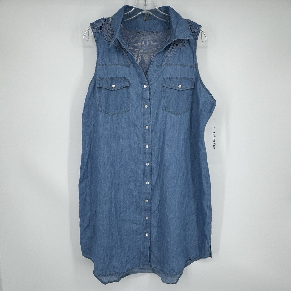 Just Be Free Womens XL Chambray Denim Shirt Dress Crochet Back Western Boho Chic